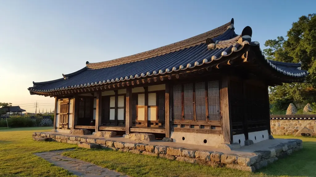해 질 녘 빛을 받은 기와 사랑채와 앞 잔디 마당